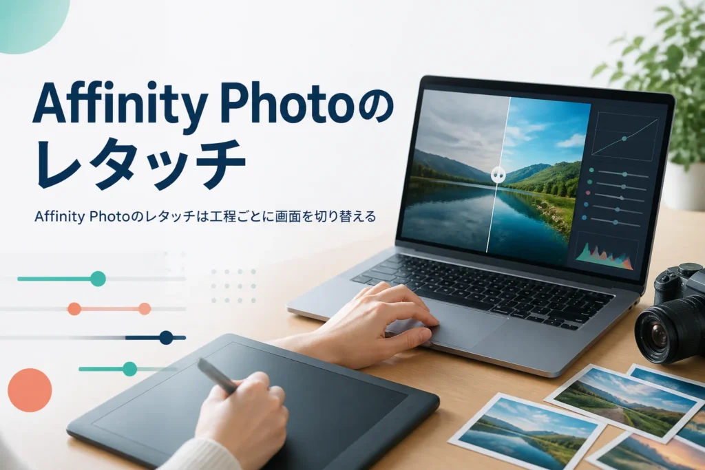 Affinity Photoでレタッチする方法を紹介する記事のアイキャッチ。写真を表示したノートパソコンとペンタブレット