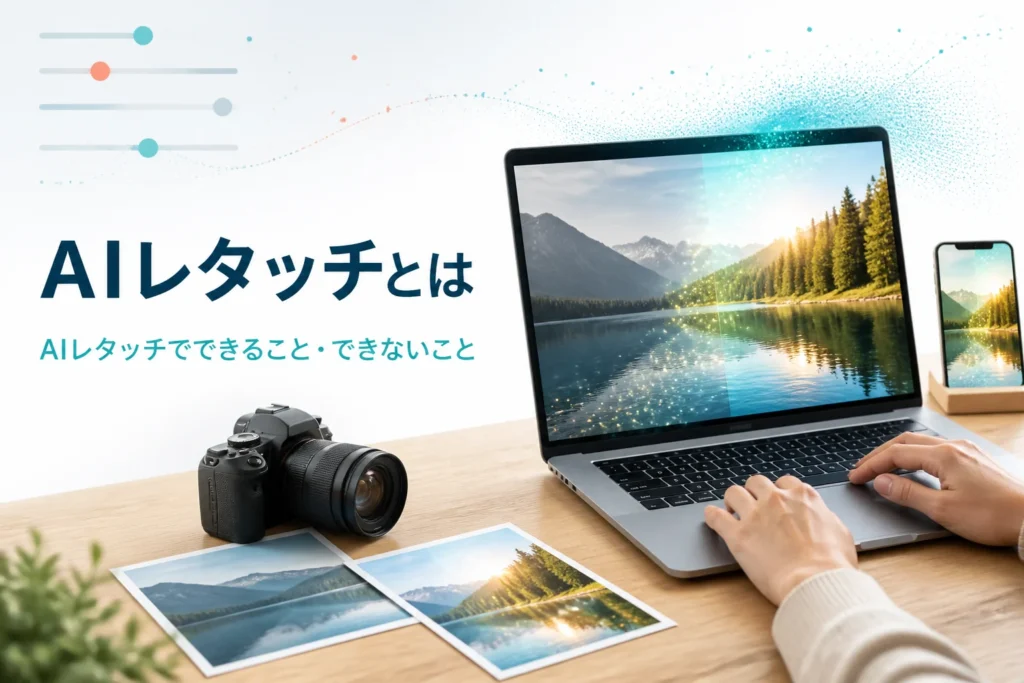 AIレタッチでできること・できないことを紹介する記事のアイキャッチ。写真を表示したノートパソコンとスマートフォン