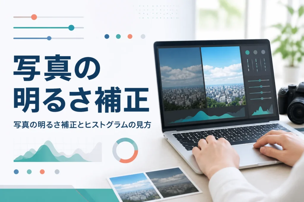写真の明るさ補正を紹介する記事のアイキャッチ。風景写真と明るさのグラフを見ながら調整している手元