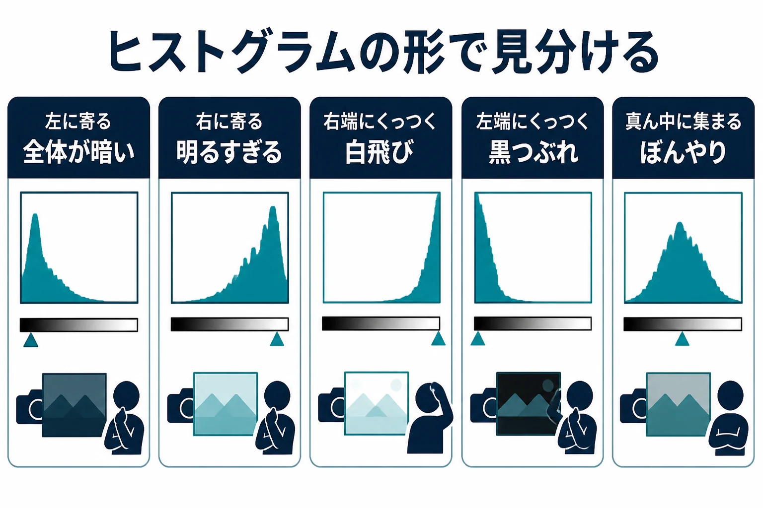 ヒストグラムの山の位置と形から、暗い写真、明るすぎる写真、白飛び、黒つぶれ、ぼんやりした写真を見分ける考え方を示した図解