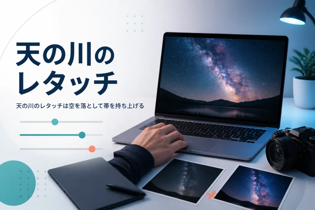 天の川のレタッチを紹介する記事のアイキャッチ。天の川の写真を表示したノートパソコンとカメラの手元
