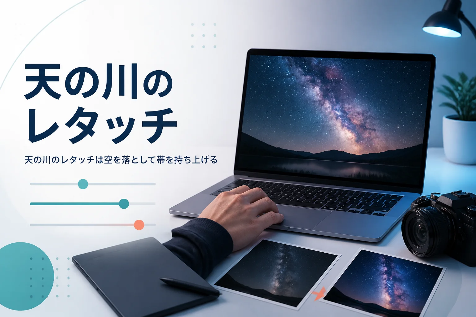 天の川のレタッチを紹介する記事のアイキャッチ。天の川の写真を表示したノートパソコンとカメラの手元