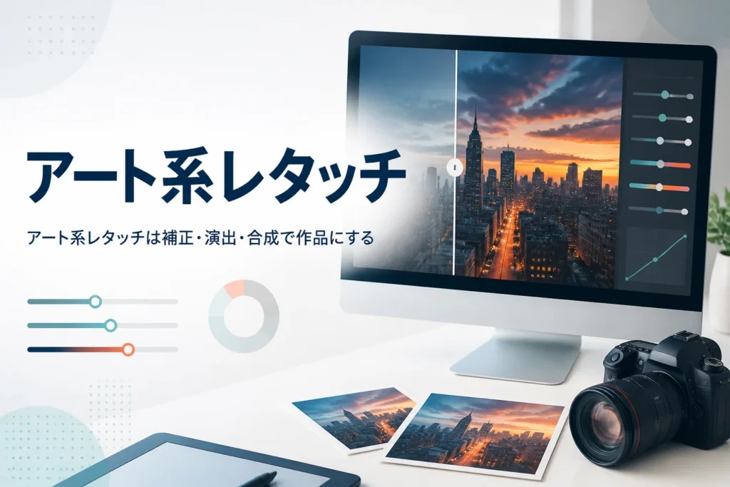 アート系レタッチを紹介する記事のアイキャッチ。映画のような色調に仕上げた風景写真を表示したモニター