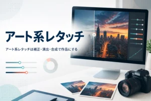 アート系レタッチを紹介する記事のアイキャッチ。映画のような色調に仕上げた風景写真を表示したモニター