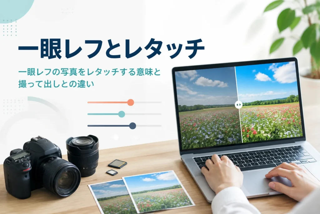 一眼レフの写真をレタッチする意味を紹介する記事のアイキャッチ。一眼カメラと写真を表示したノートパソコン