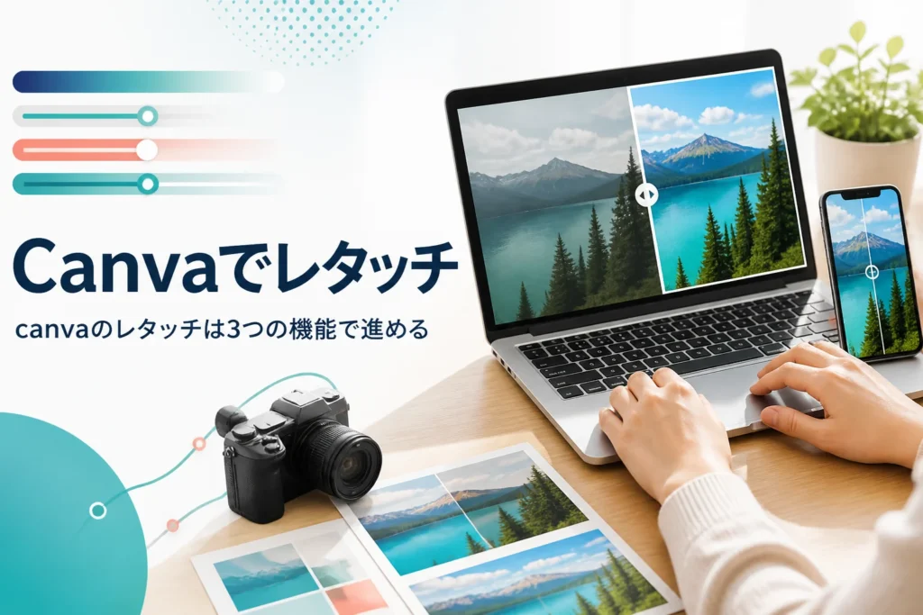 Canvaでレタッチする方法を紹介する記事のアイキャッチ。デザインと写真を表示したノートパソコンとスマートフォン