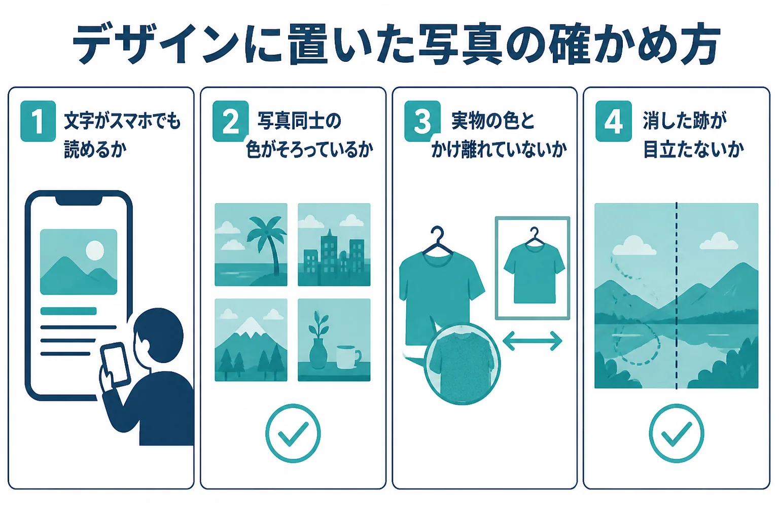 Canvaのデザインに置いた写真を、文字の読みやすさ・写真同士のそろい方・実物の色・消した跡の4点で確かめるチェックリストの図解