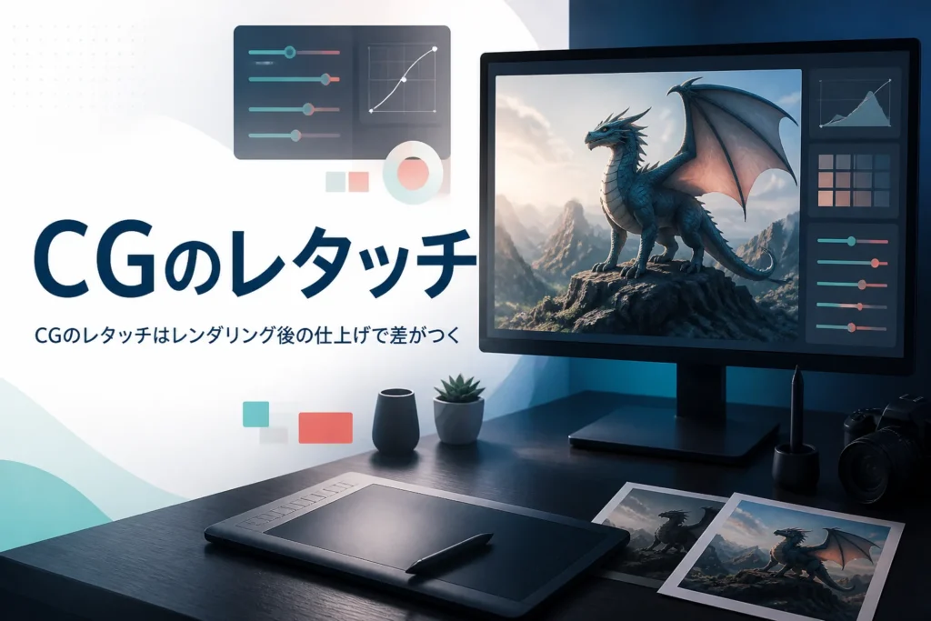 CG・クリーチャーのレタッチを紹介する記事のアイキャッチ。クリーチャーの3DCG画像を表示したモニターとペンタブレット