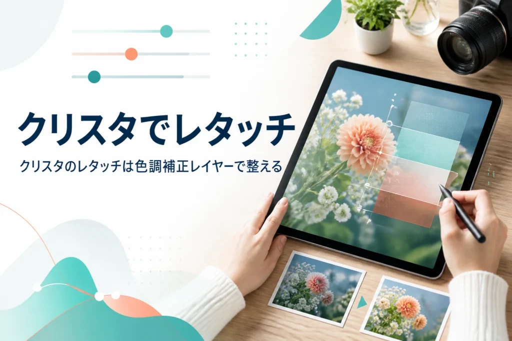 クリスタで写真をレタッチする方法を紹介する記事のアイキャッチ。写真を表示したタブレットとペン