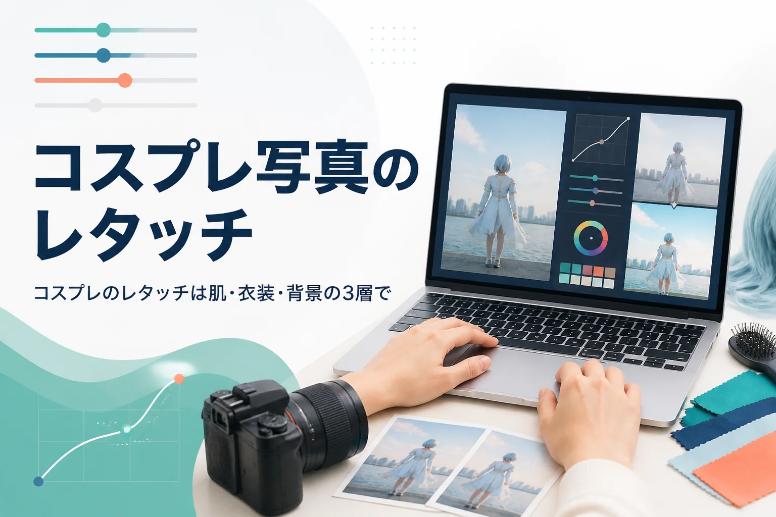 コスプレ写真のレタッチを紹介する記事のアイキャッチ。ノートパソコンで衣装写真を編集している手元