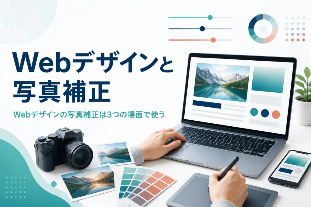 Webデザインと写真補正を紹介する記事のアイキャッチ。ノートパソコンでバナーのレイアウトを作っている手元