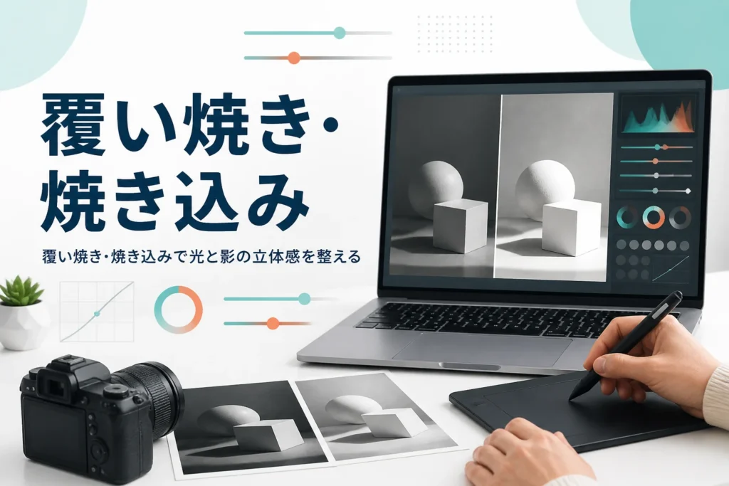覆い焼き・焼き込みを紹介する記事のアイキャッチ。光と影のある写真をペンタブレットで整えている手元