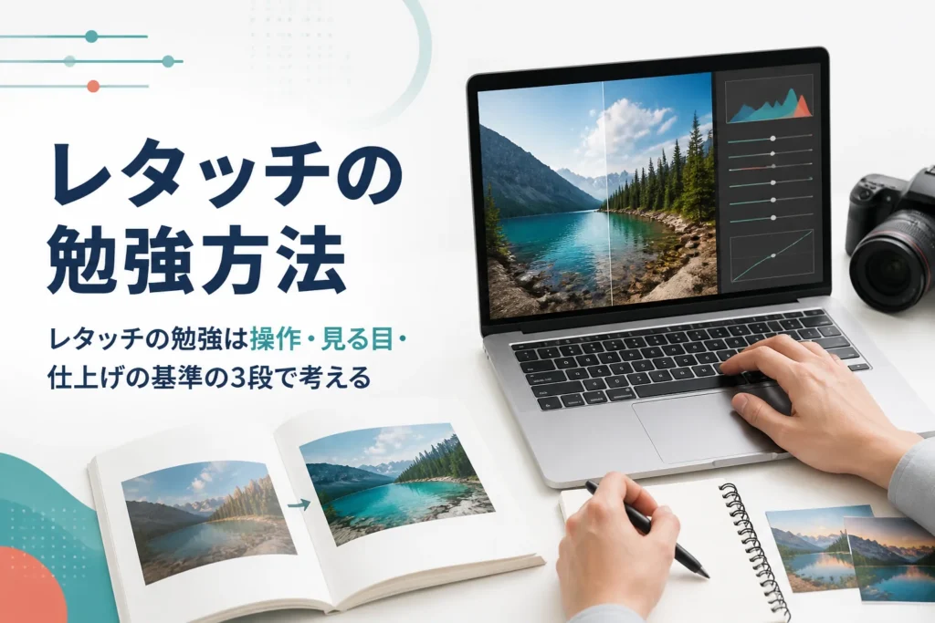 レタッチの勉強方法を紹介する記事のアイキャッチ。教本とノートパソコンで写真の補正を学ぶ机の上