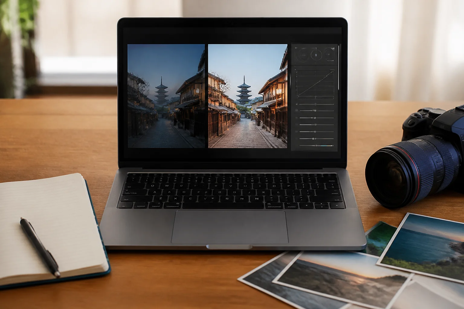 ノートパソコンでレタッチ前と後の写真を並べて見比べている机の上の写真