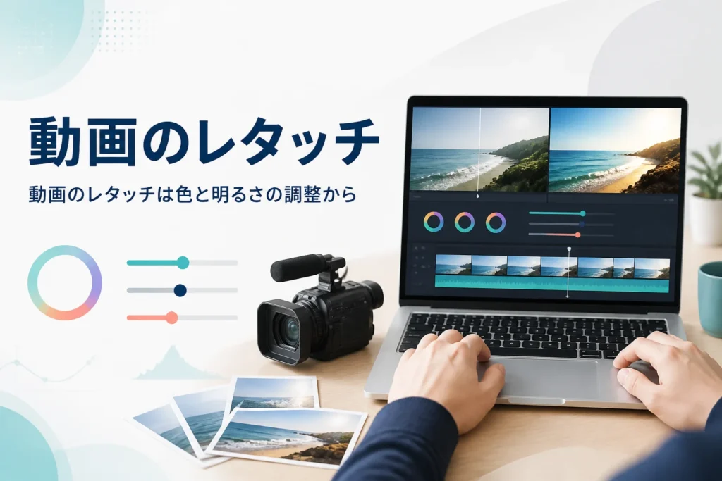 動画のレタッチを紹介する記事のアイキャッチ。パソコンで風景の動画の色を整えている手元