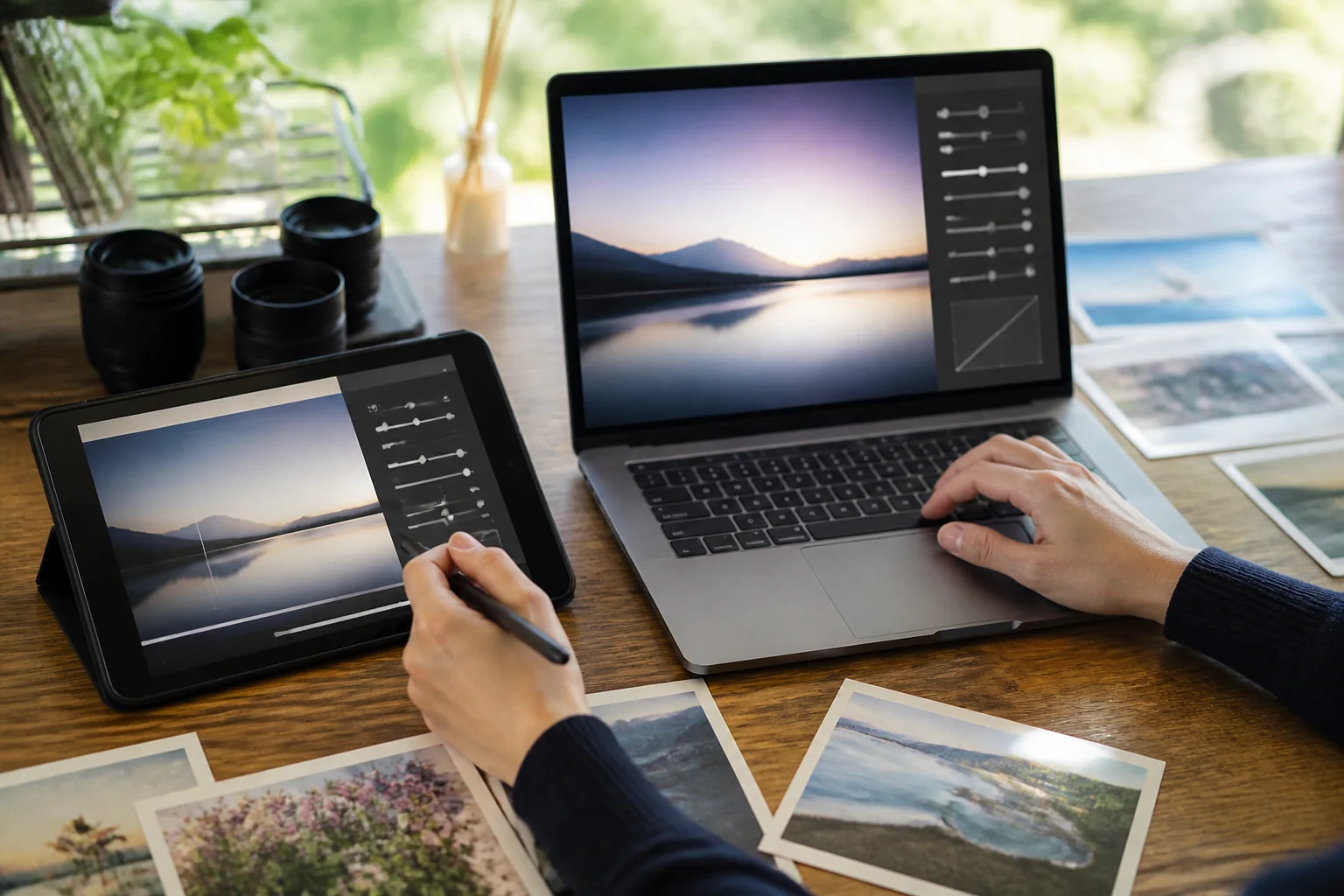 写真のレタッチを動画で見ながら、同じ手順を自分の写真で練習している机の上