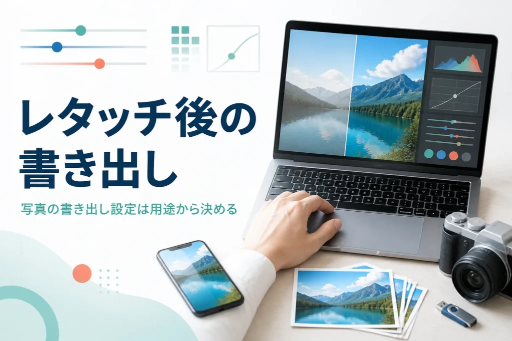 レタッチ後の書き出し設定を紹介する記事のアイキャッチ。パソコンの写真をスマホやプリントなど用途に合わせて保存する様子