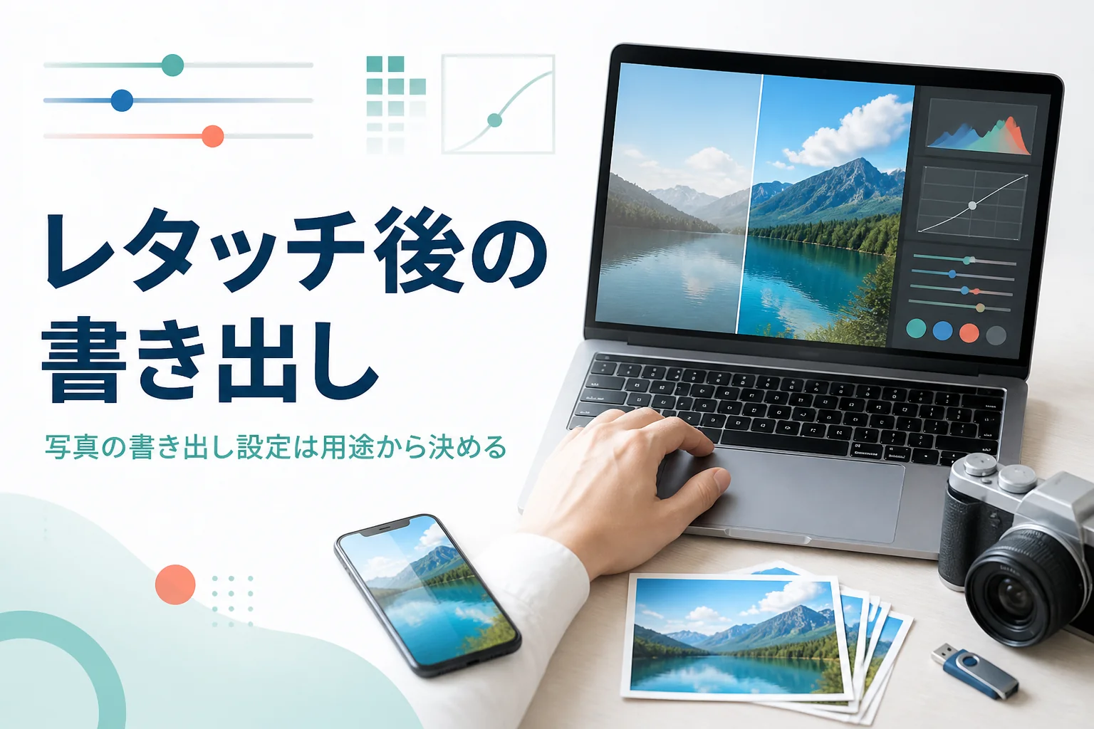 レタッチ後の書き出し設定を紹介する記事のアイキャッチ。パソコンの写真をスマホやプリントなど用途に合わせて保存する様子