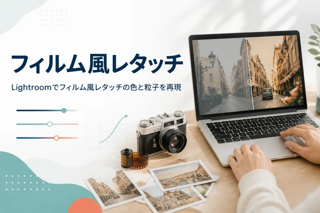 フィルム風レタッチを紹介する記事のアイキャッチ。色あせた雰囲気の写真を表示したノートパソコンとフィルムカメラ
