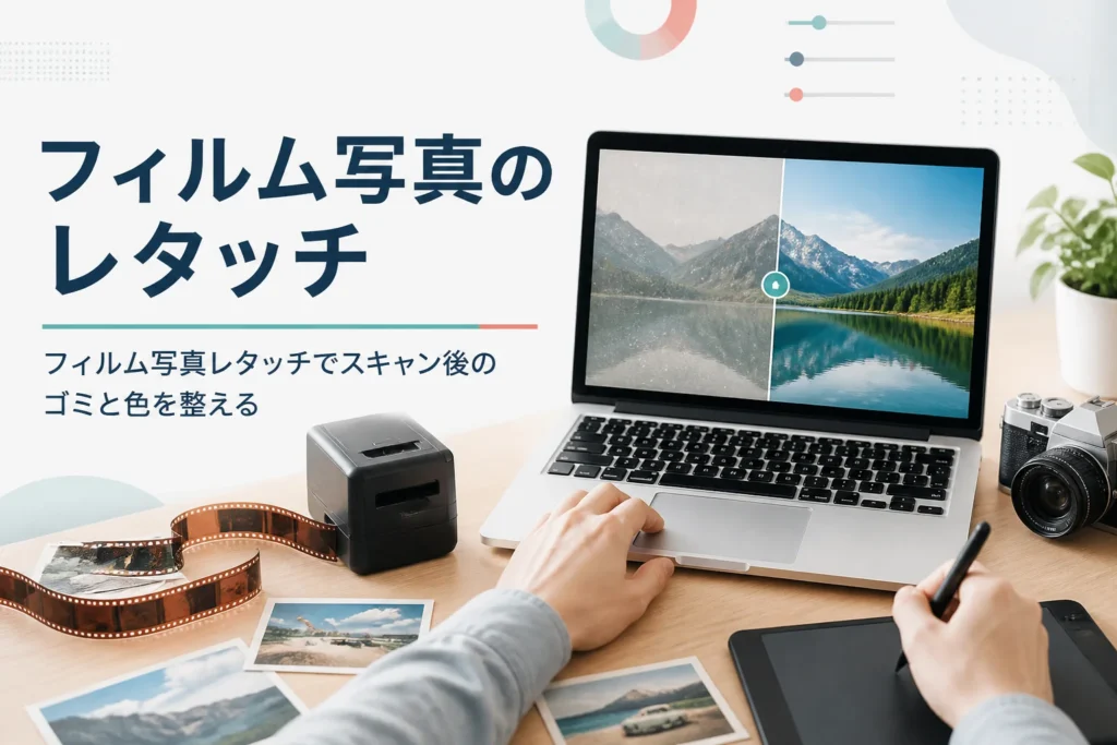 フィルム写真のレタッチを紹介する記事のアイキャッチ。ネガフィルムとスキャナー、古い写真を表示したノートパソコン