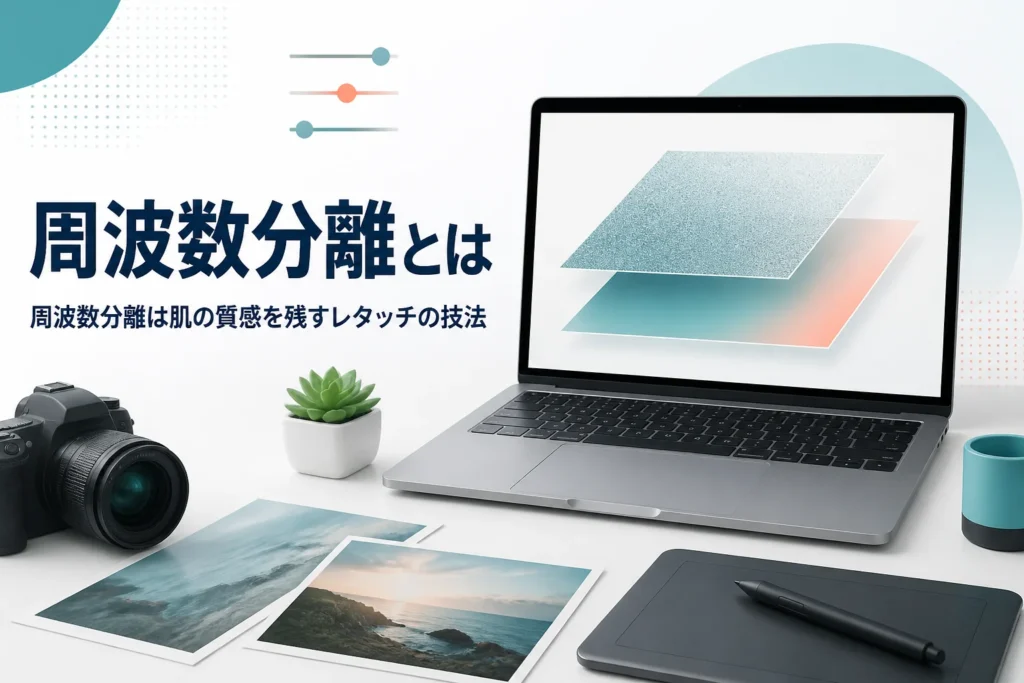 周波数分離を紹介する記事のアイキャッチ。質感の層と色の層の2枚が重なった様子を表したノートパソコンの画面