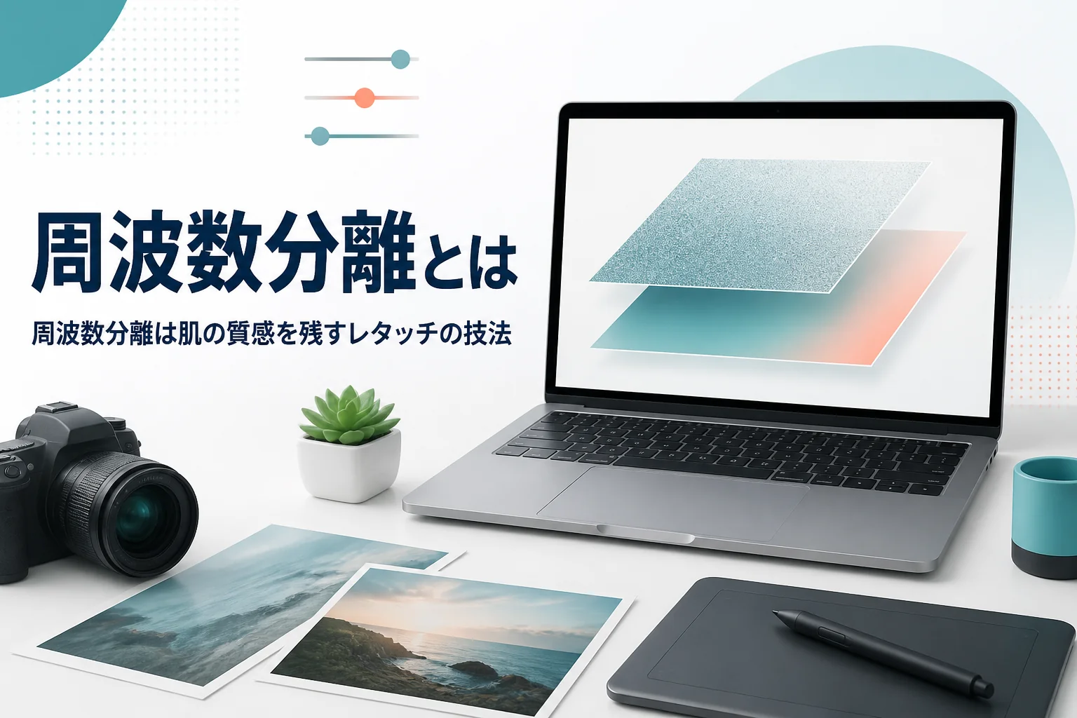 周波数分離を紹介する記事のアイキャッチ。質感の層と色の層の2枚が重なった様子を表したノートパソコンの画面