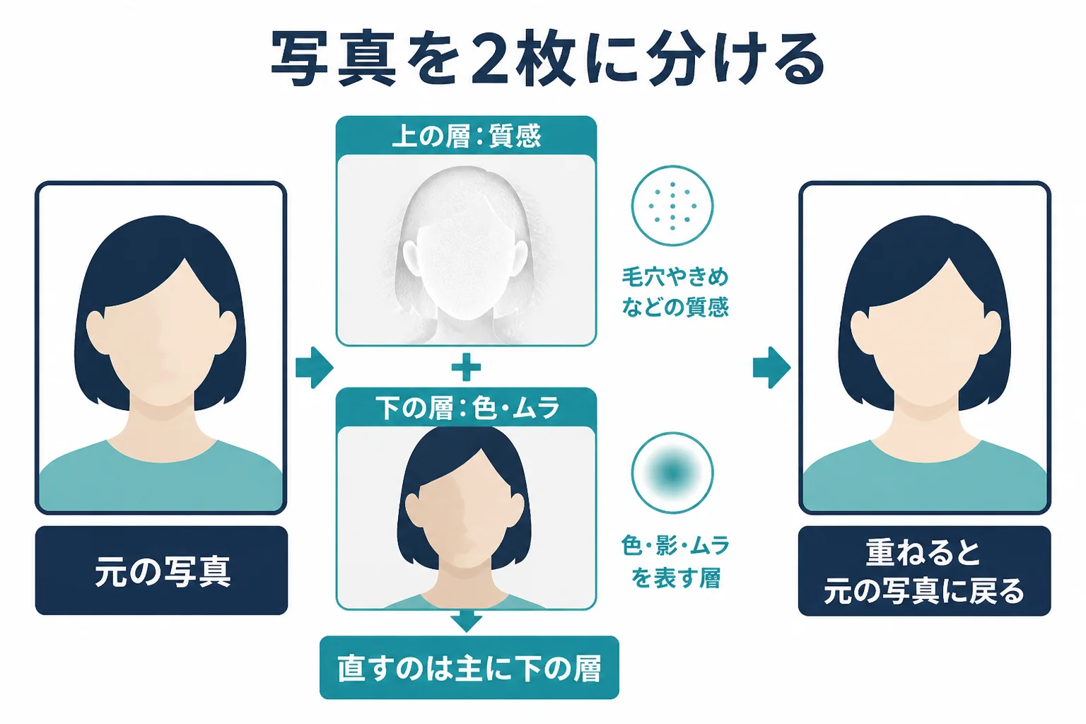 周波数分離で、写真を色とムラの低周波レイヤーと、毛穴やきめの高周波レイヤーの2枚に分ける仕組みを示した図解