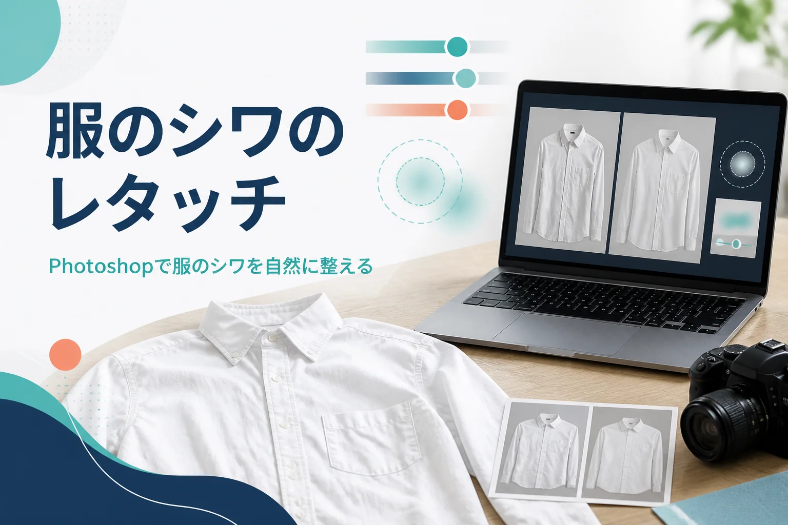 服のシワのレタッチを紹介する記事のアイキャッチ。たたみジワの残ったシャツと、写真を調整しているノートパソコン