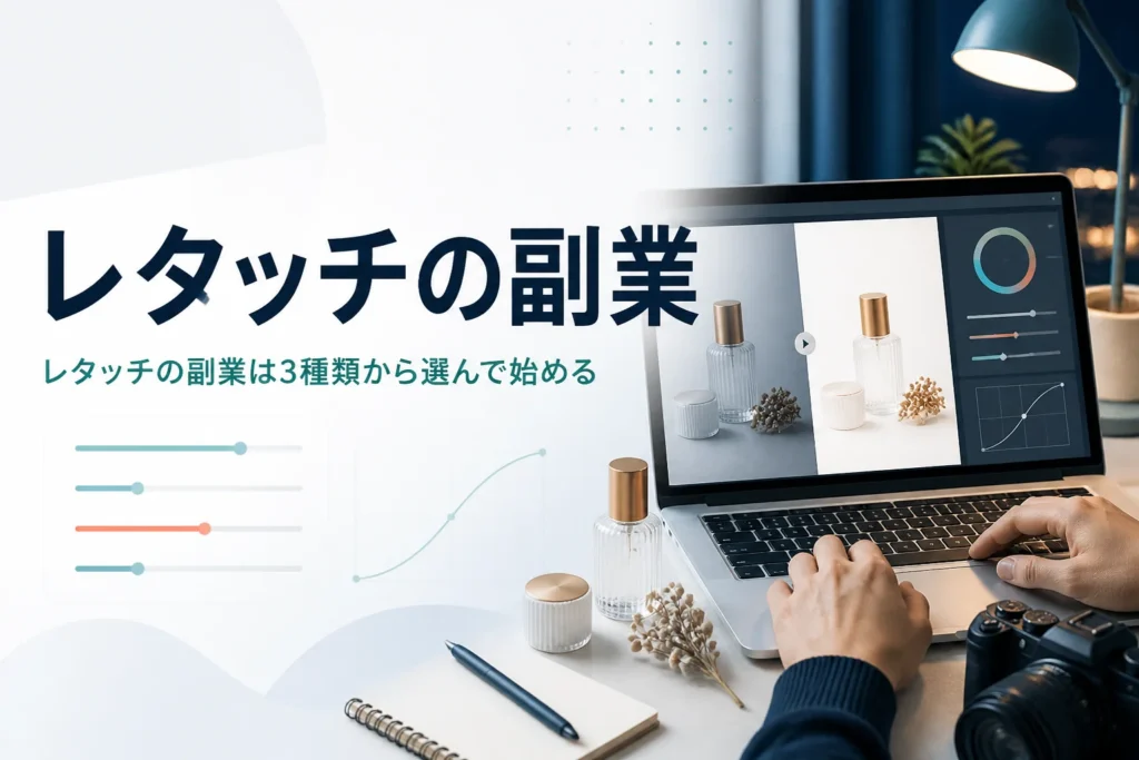 レタッチの副業を紹介する記事のアイキャッチ。自宅の机でノートパソコンを使い商品写真を補正している手元