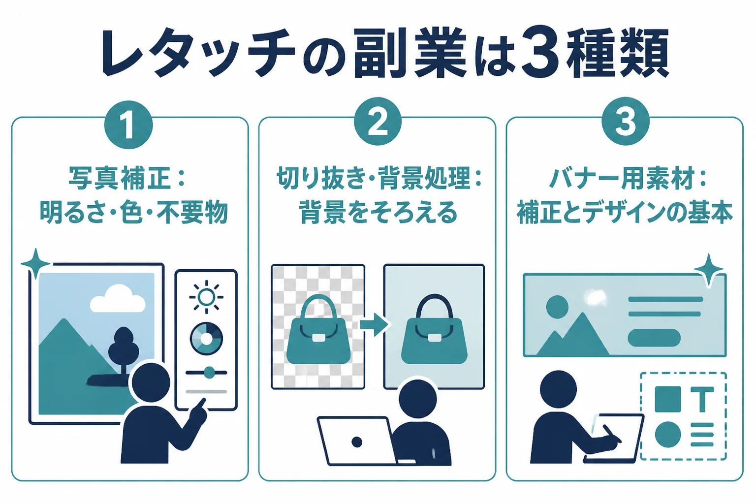 レタッチの副業を、写真補正・切り抜きと背景処理・バナー用素材の3種類に分けて、作業と必要なスキルを比べた図解