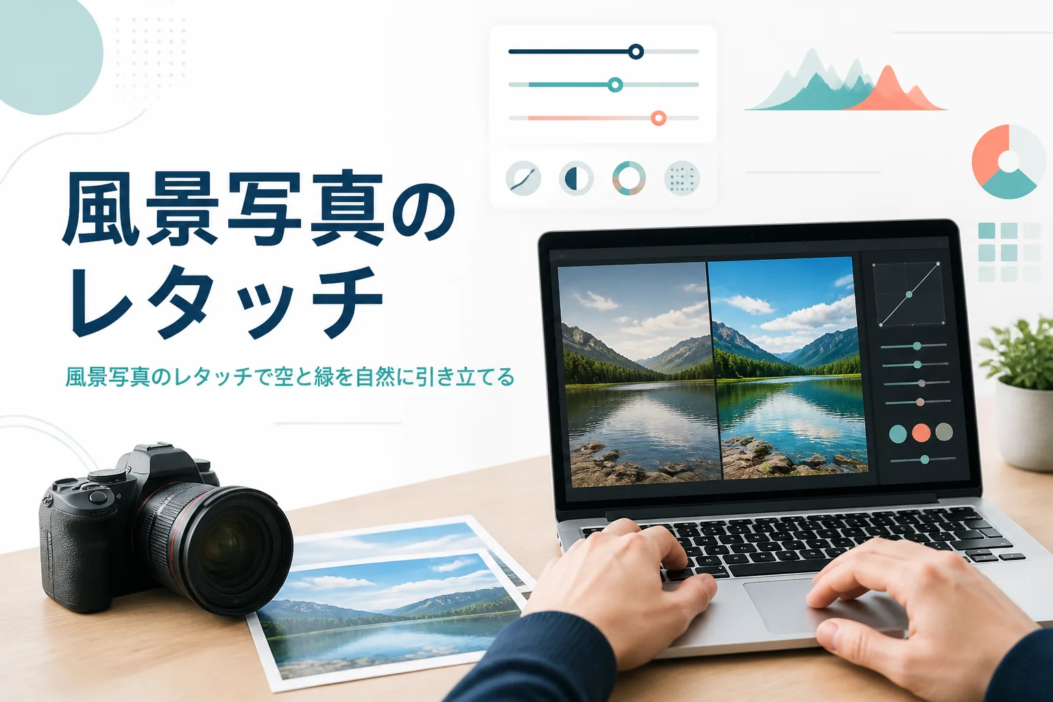 風景写真のレタッチを紹介する記事のアイキャッチ。青空と緑の山の写真をノートパソコンで整えている机の上