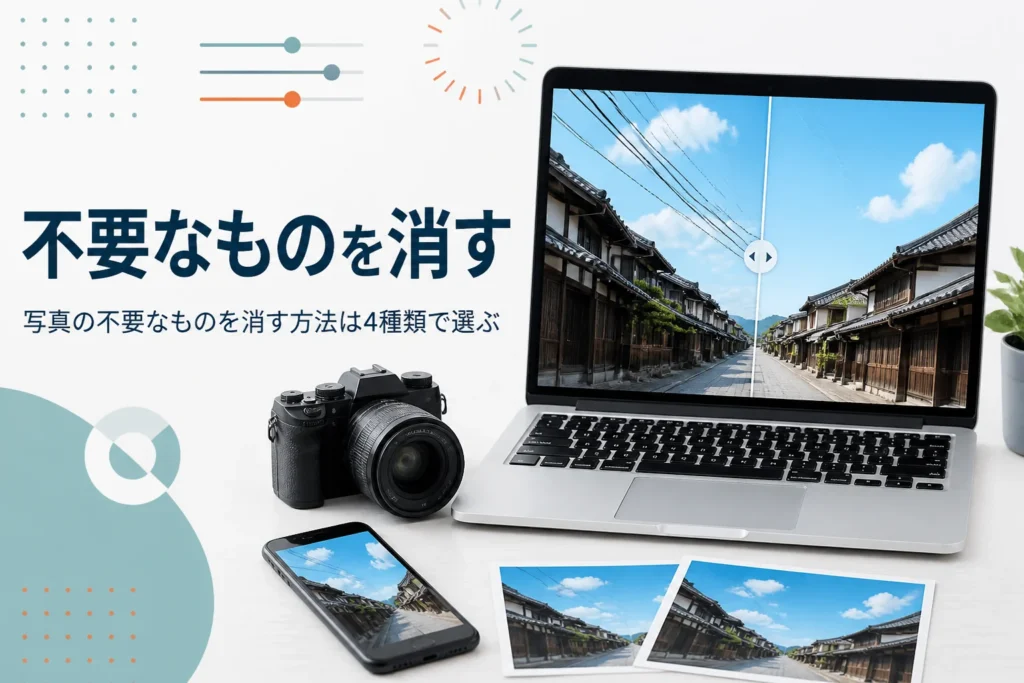 写真の不要なものを消すレタッチを紹介する記事のアイキャッチ。風景写真の電線を消しているノートパソコンの画面