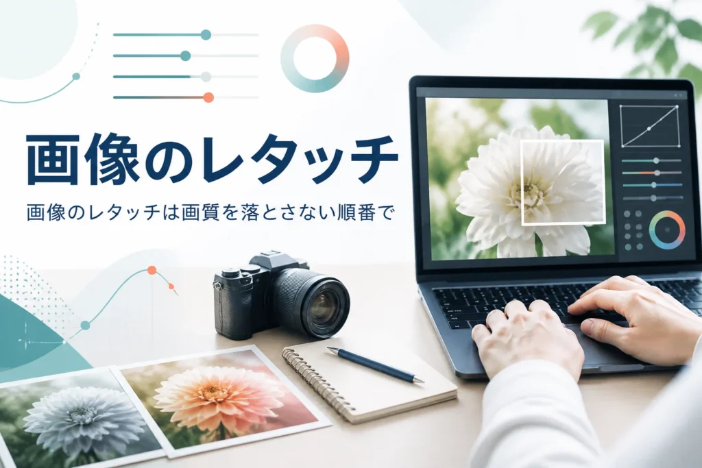 画像のレタッチの基本を紹介する記事のアイキャッチ。写真を拡大して細部を確かめているパソコン画面