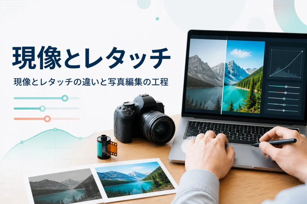 現像とレタッチの違いを紹介する記事のアイキャッチ。一眼カメラとフィルム、写真を表示したノートパソコン