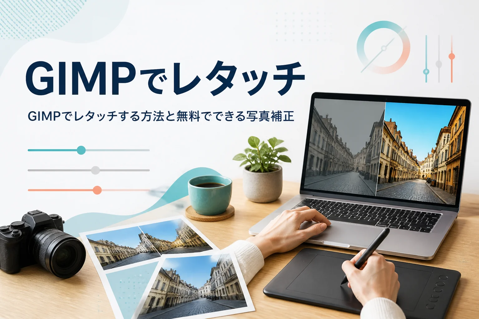 GIMPでレタッチする方法を紹介する記事のアイキャッチ。風景写真を表示したノートパソコンとペンタブレット