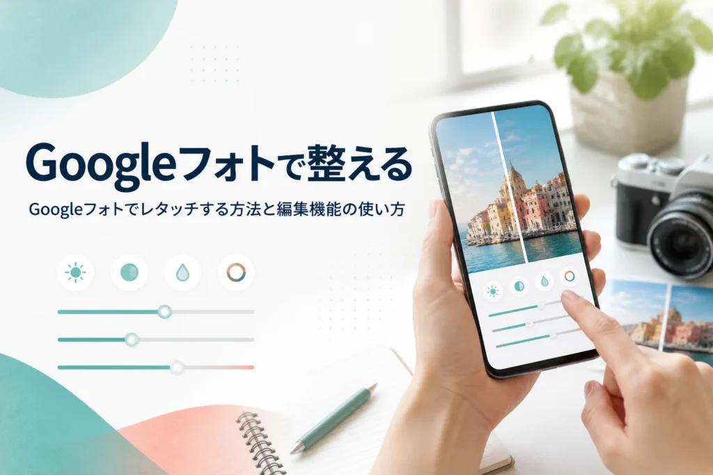 Googleフォトでレタッチする方法を紹介する記事のアイキャッチ。写真を表示したスマートフォンを操作する手元