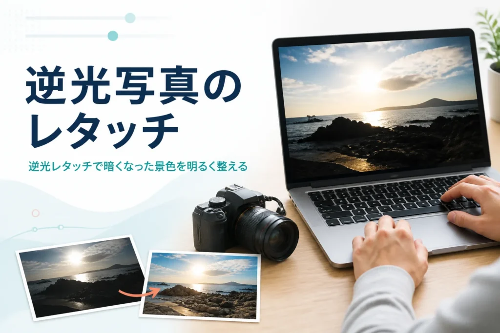 逆光写真のレタッチを紹介する記事のアイキャッチ。逆光の風景写真を表示したノートパソコンと一眼カメラ