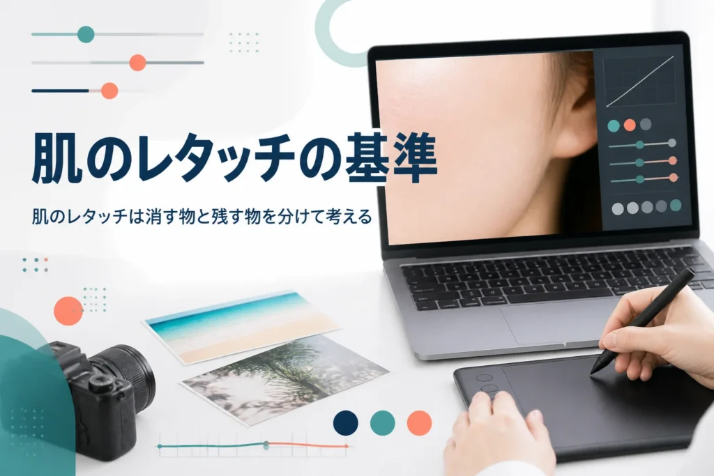肌のレタッチの考え方を紹介する記事のアイキャッチ。ノートパソコンで肌の写真を拡大して整えている手元