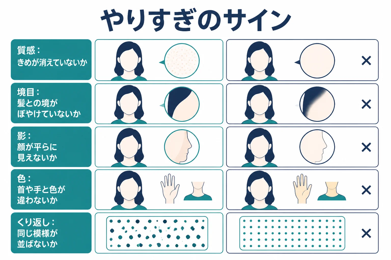 肌のレタッチのやりすぎのサインを、質感・境目・影・色・くり返しの5つの観点で確かめるチェックリストの図解