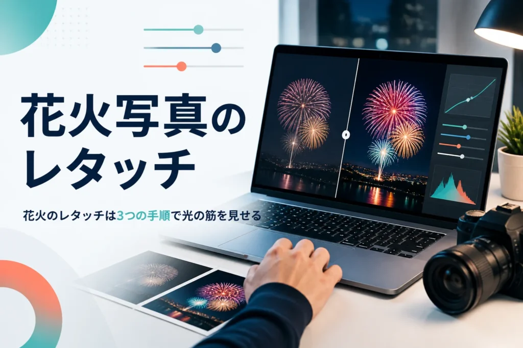 花火写真のレタッチを紹介する記事のアイキャッチ。打ち上げ花火の写真を表示したノートパソコンとカメラの手元