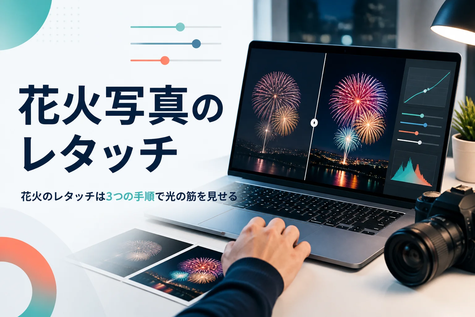 花火写真のレタッチを紹介する記事のアイキャッチ。打ち上げ花火の写真を表示したノートパソコンとカメラの手元