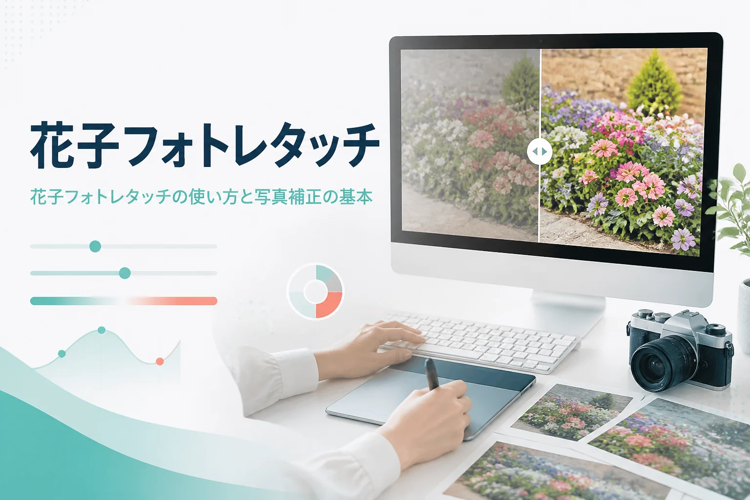 花子フォトレタッチの使い方を紹介する記事のアイキャッチ。写真を表示したパソコンとデジカメ