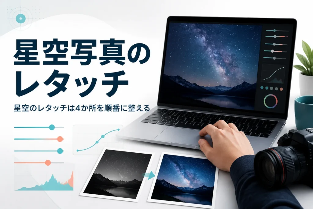 星空写真のレタッチを紹介する記事のアイキャッチ。星空の写真を表示したノートパソコンと一眼カメラの手元