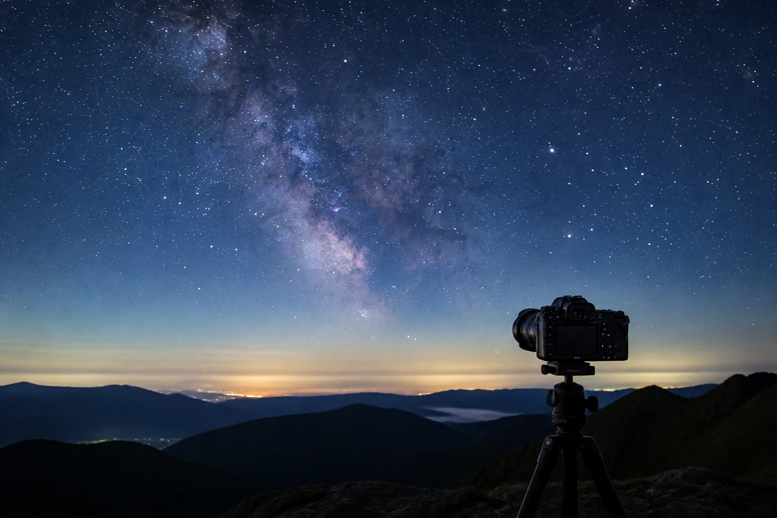 山並みの上に広がる星空と三脚に立てたカメラ。星と地上の景色を一緒に写した星景写真の例