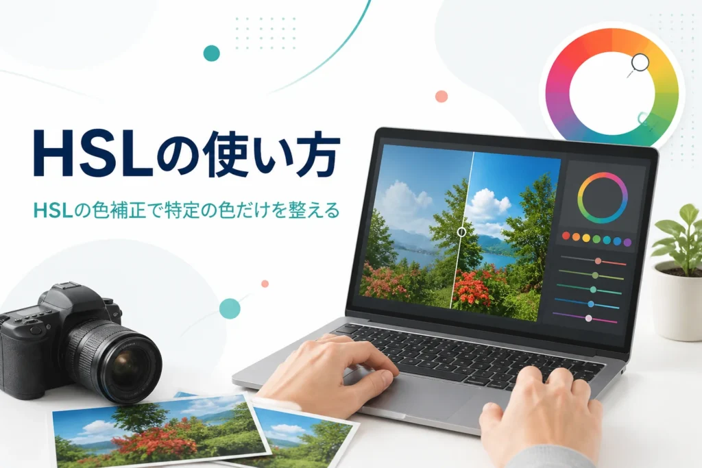 HSLの使い方を紹介する記事のアイキャッチ。青空と緑と赤い花の写真の色をノートパソコンで整えている机の上