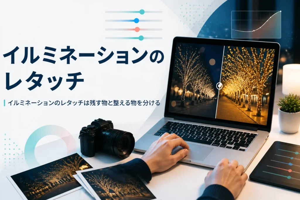 イルミネーション写真のレタッチを紹介する記事のアイキャッチ。イルミネーションの写真を表示したノートパソコンとカメラの手元