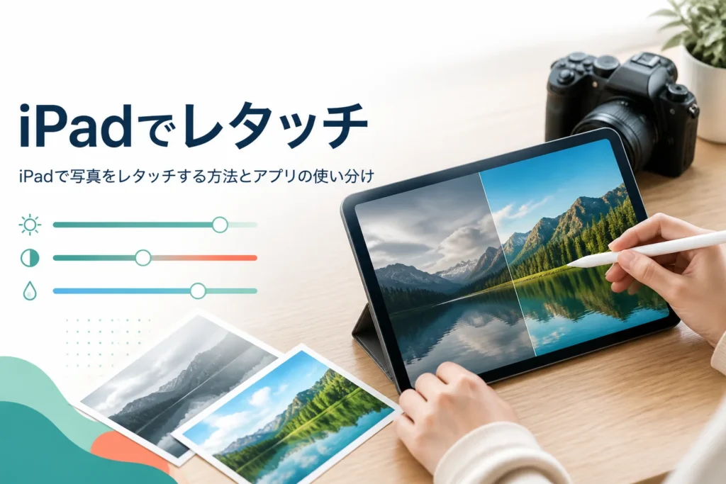 iPadで写真をレタッチする方法を紹介する記事のアイキャッチ。風景写真を表示したタブレットとペン、一眼カメラ
