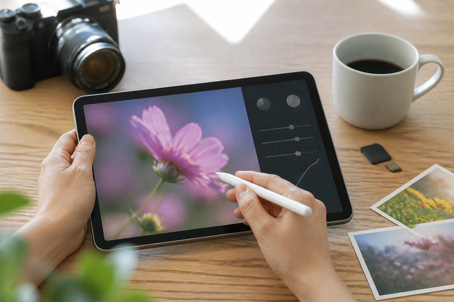 iPadとApple Pencilで写真を仕上げている机の上の様子