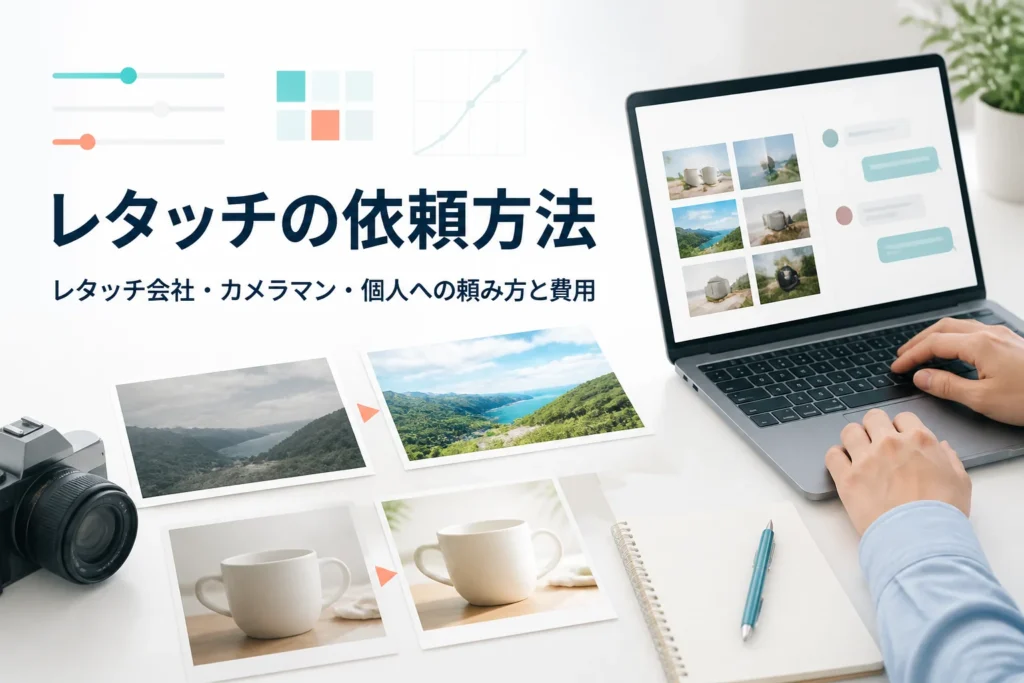 レタッチの依頼方法を紹介する記事のアイキャッチ。並べた写真と、依頼のやり取りをしているノートパソコンの手元