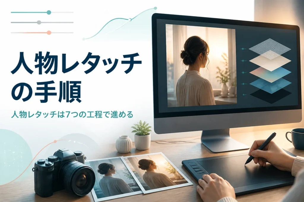 Photoshopで人物写真をレタッチする手順を紹介する記事のアイキャッチ。モニターに人物写真とレイヤーの図形が並ぶ作業机